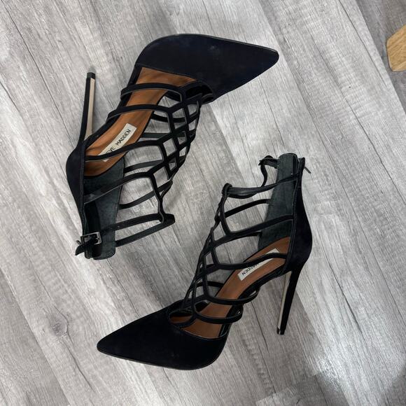 STEVE MADDEN Sonillo Cage Design Court Shoes Suede Stiletto Heels Black 8 1/2 - Picture 3 of 8